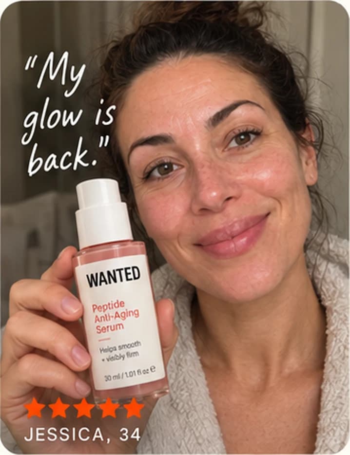 Jessica, 34, smiling at home in a robe and holding the WANTED Peptide Anti-Aging Serum.
